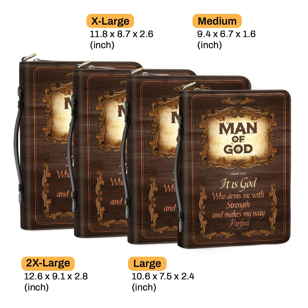 Psalm 18:32 | Man Of God Leather Book Cover, Personalized Zippered Bible Cover, Scripture Gifts For Men, Bible Carrying Case
